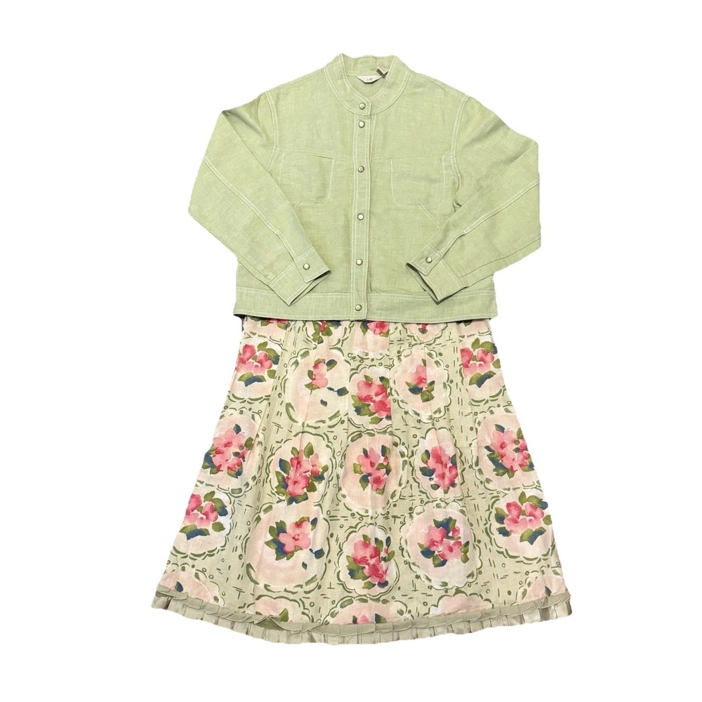 J.Jill Linen Cotton‎ Midi Skirt & Jacket Light Green Spring Floral Skirt Ruffle